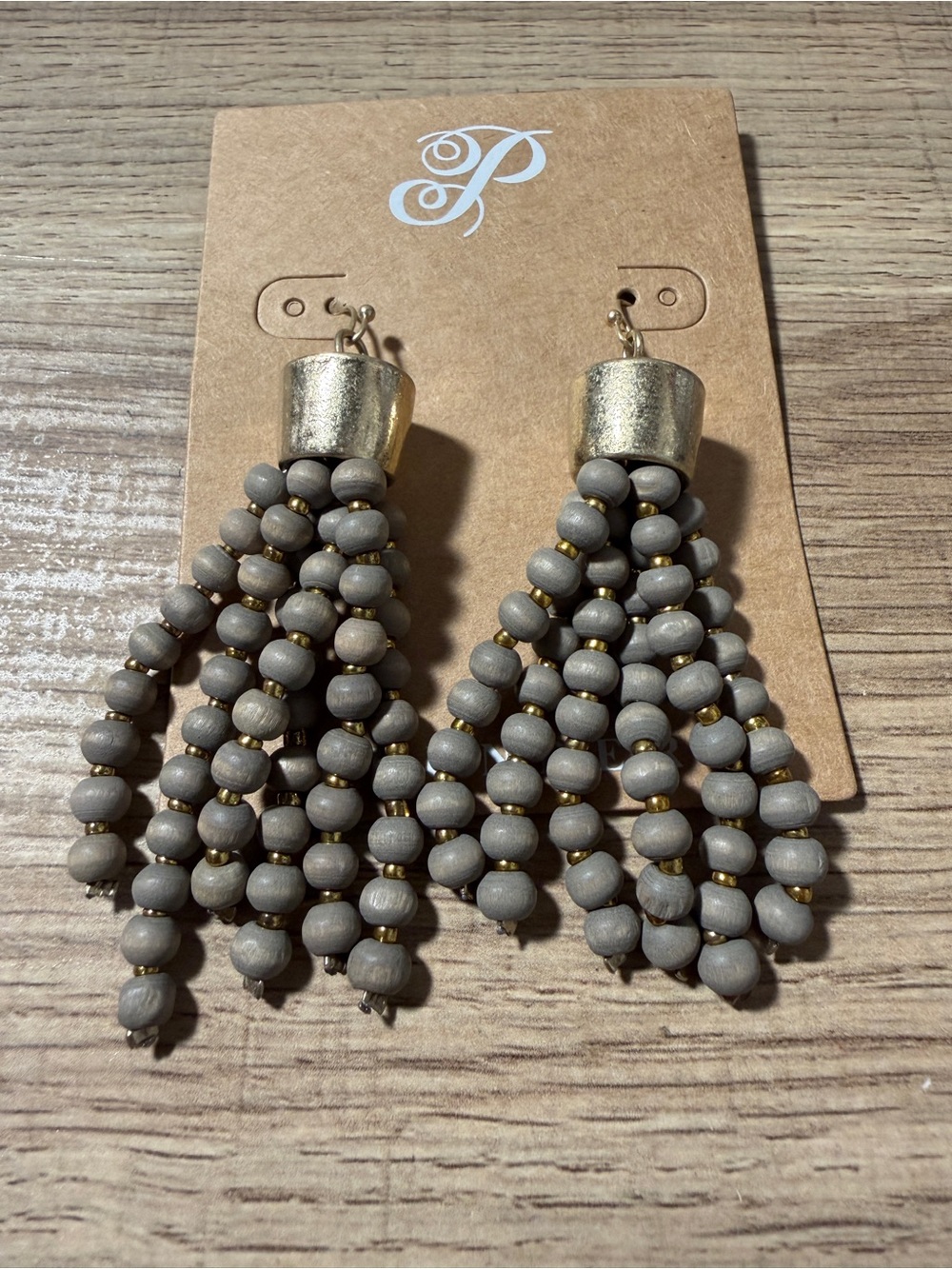 Plunder Gray Beaded Tassel Earrings with Gold Caps
